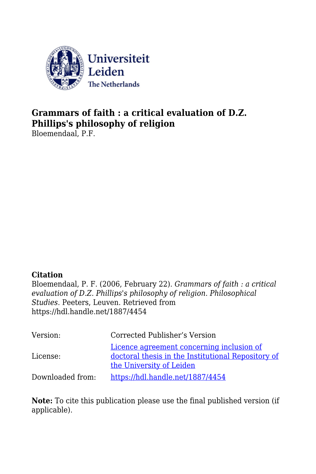Grammars of Faith : a Critical Evaluation of D.Z