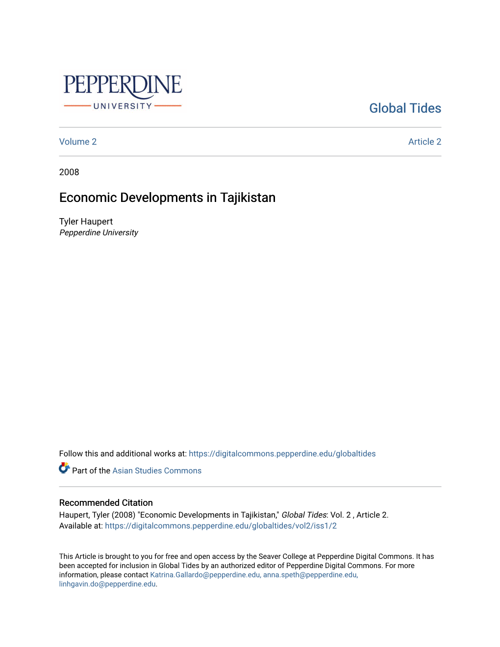 Economic Developments in Tajikistan