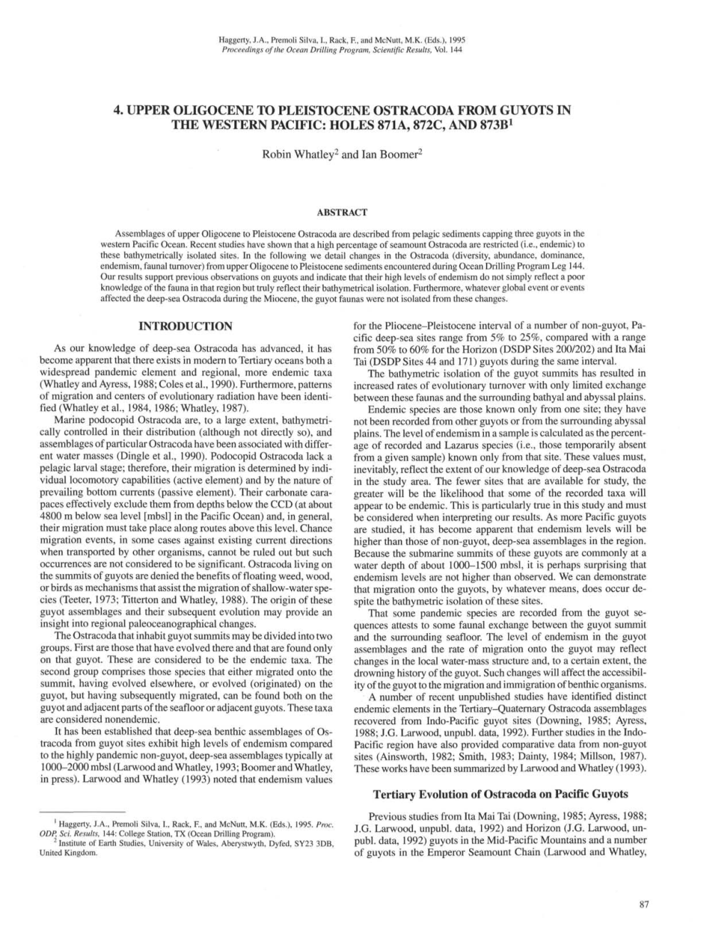 4. Upper Oligocene to Pleistocene Ostracoda from Guyots in the Western Pacific: Holes 871A, 872C, and 873B1