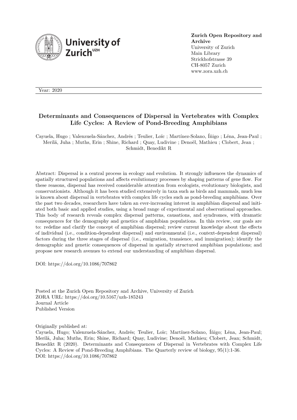 Determinants and Consequences of Dispersal in Vertebrates with Complex Life Cycles: a Review of Pond-Breeding Amphibians