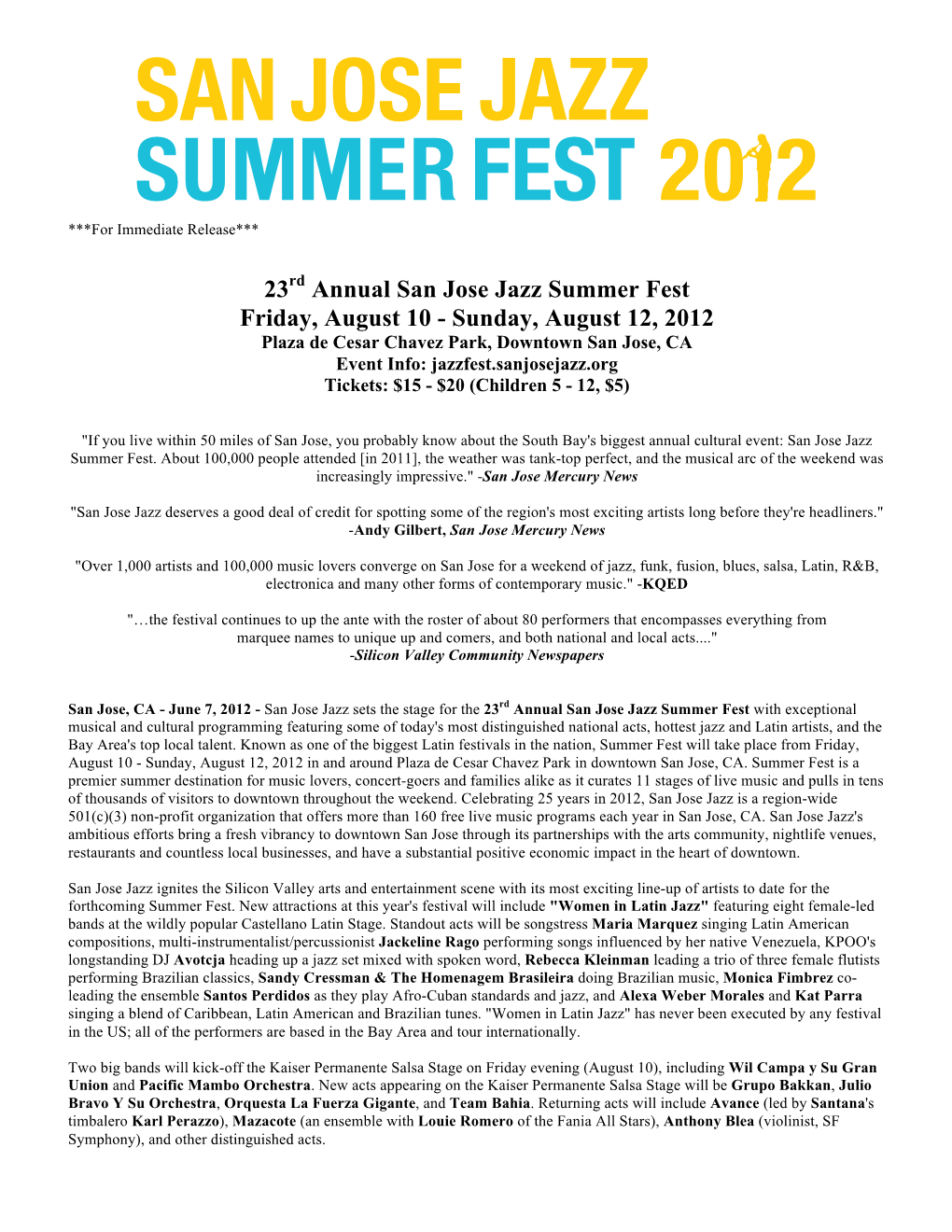 23Rd Annual San Jose Jazz Summer Fest Friday, August 10