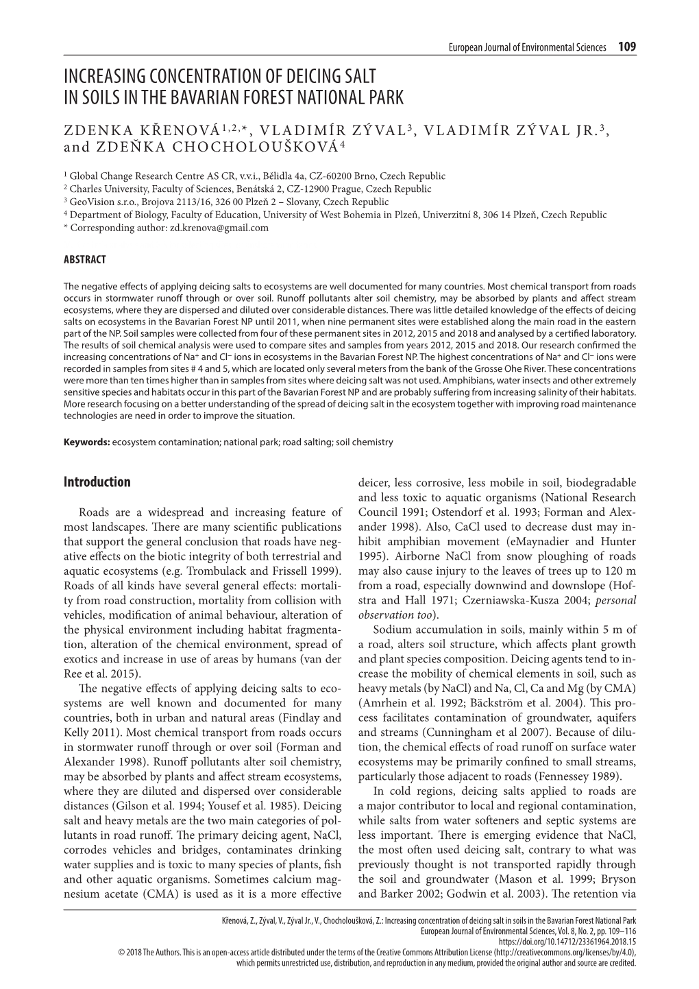 Increasing Concentration of Deicing Salt in Soils in the Bavarian Forest National Park