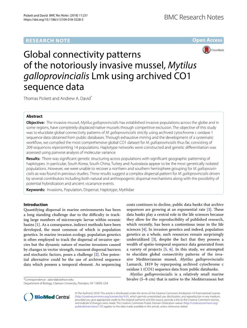 Global Connectivity Patterns of the Notoriously Invasive Mussel, Mytilus Galloprovincialis Lmk Using Archived CO1 Sequence Data Thomas Pickett and Andrew A