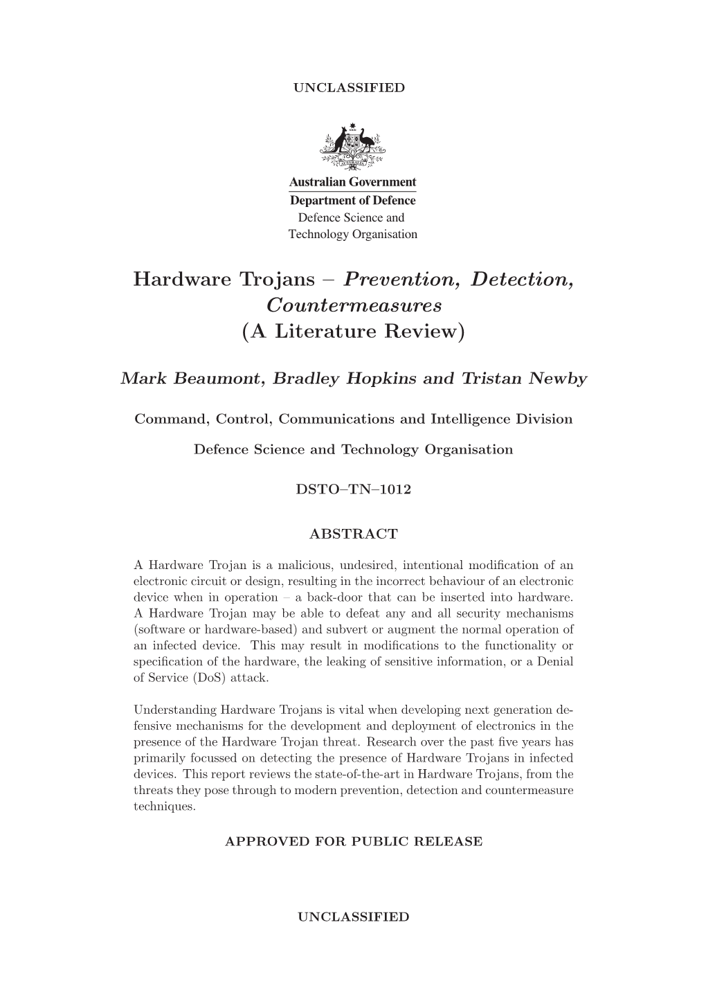 Hardware Trojans – Prevention, Detection, Countermeasures (A Literature Review)