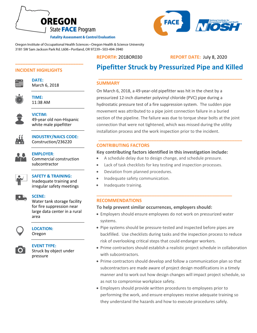 Pipefitter Struck by Pressurized Pipe and Killed ______DATE: March 6, 2018 SUMMARY