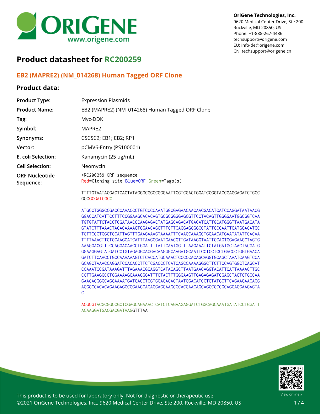 EB2 (MAPRE2) (NM 014268) Human Tagged ORF Clone Product Data