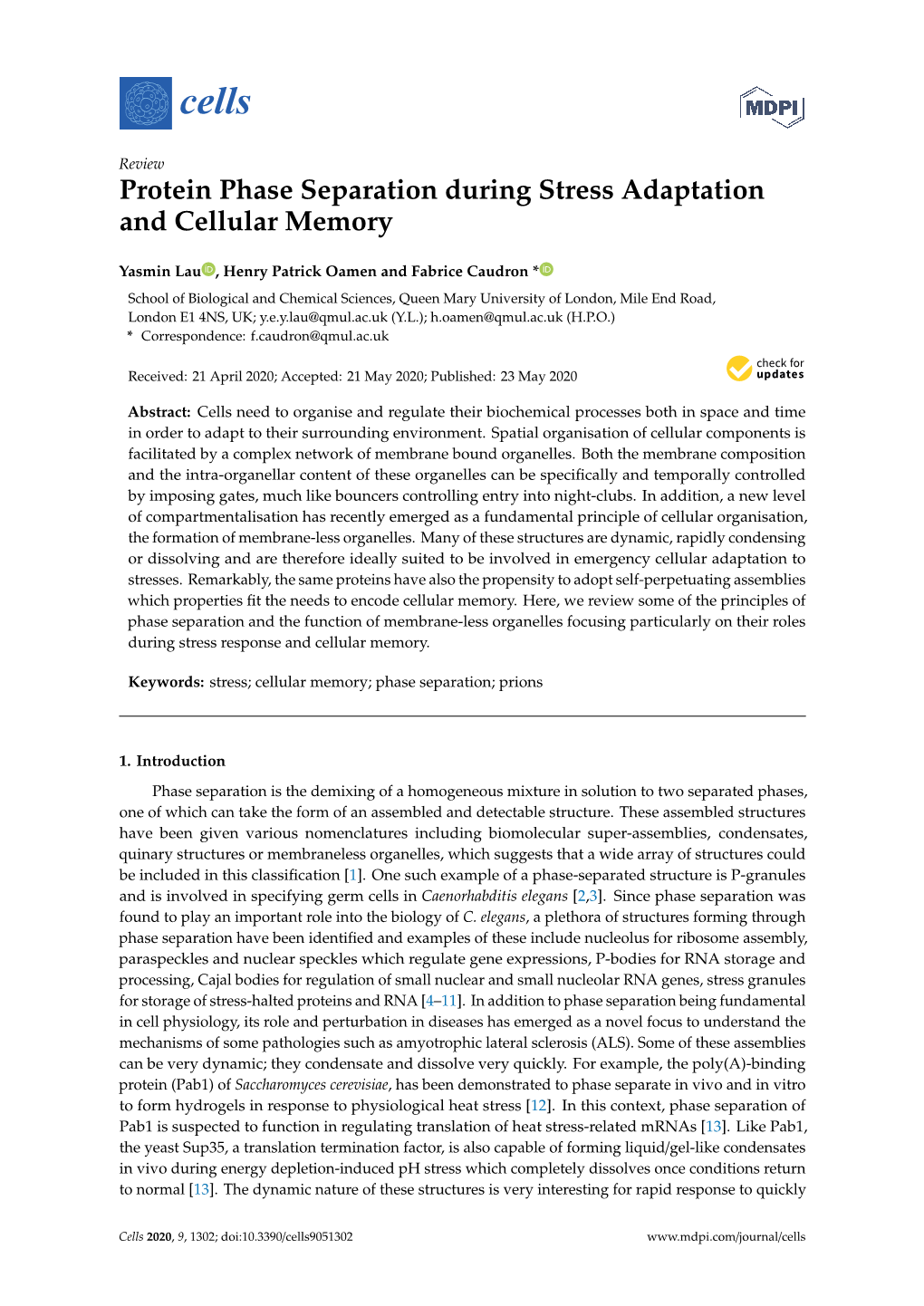 Protein Phase Separation During Stress Adaptation and Cellular Memory