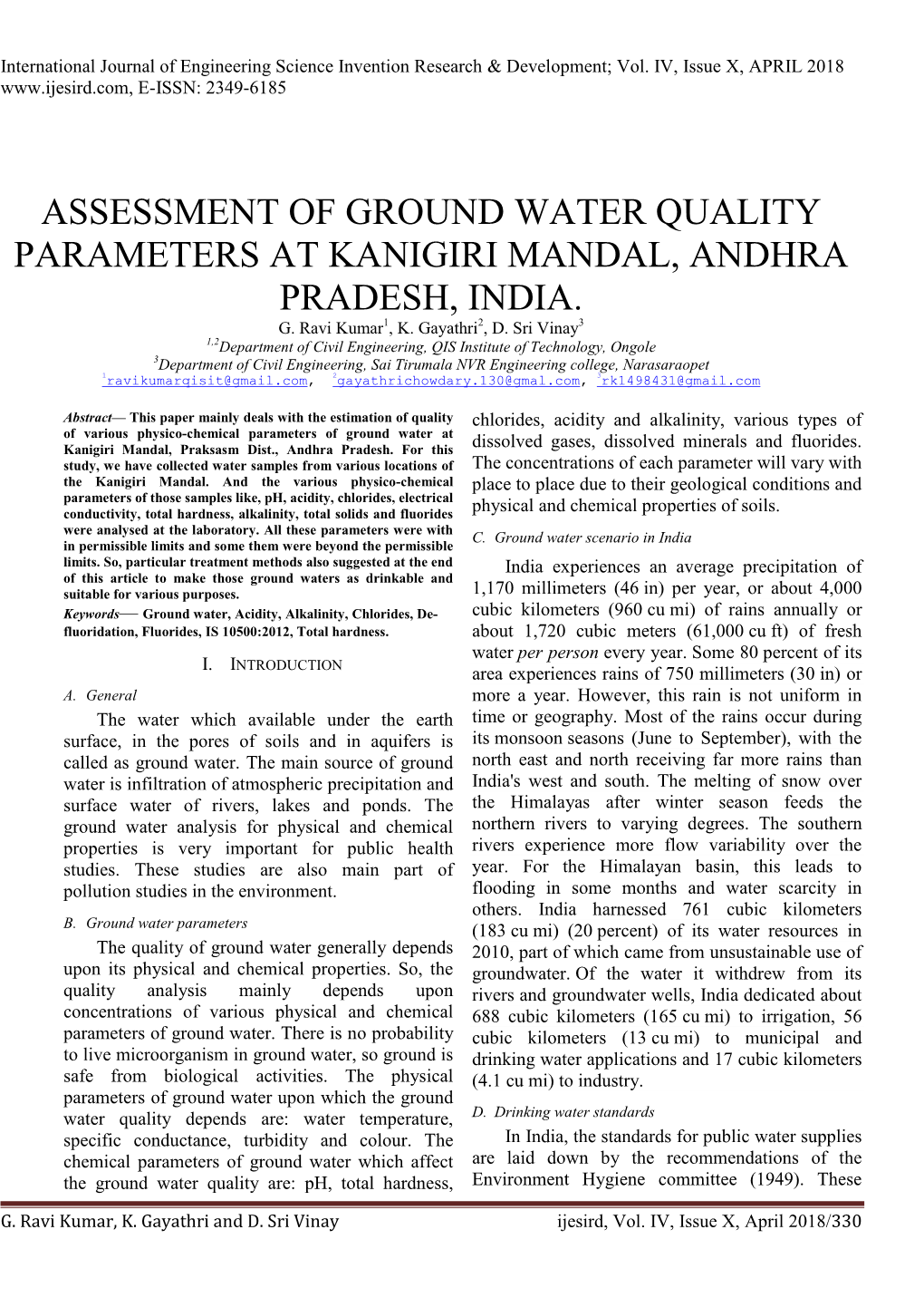 Assessment of Ground Water Quality Parameters at Kanigiri Mandal, Andhra Pradesh, India