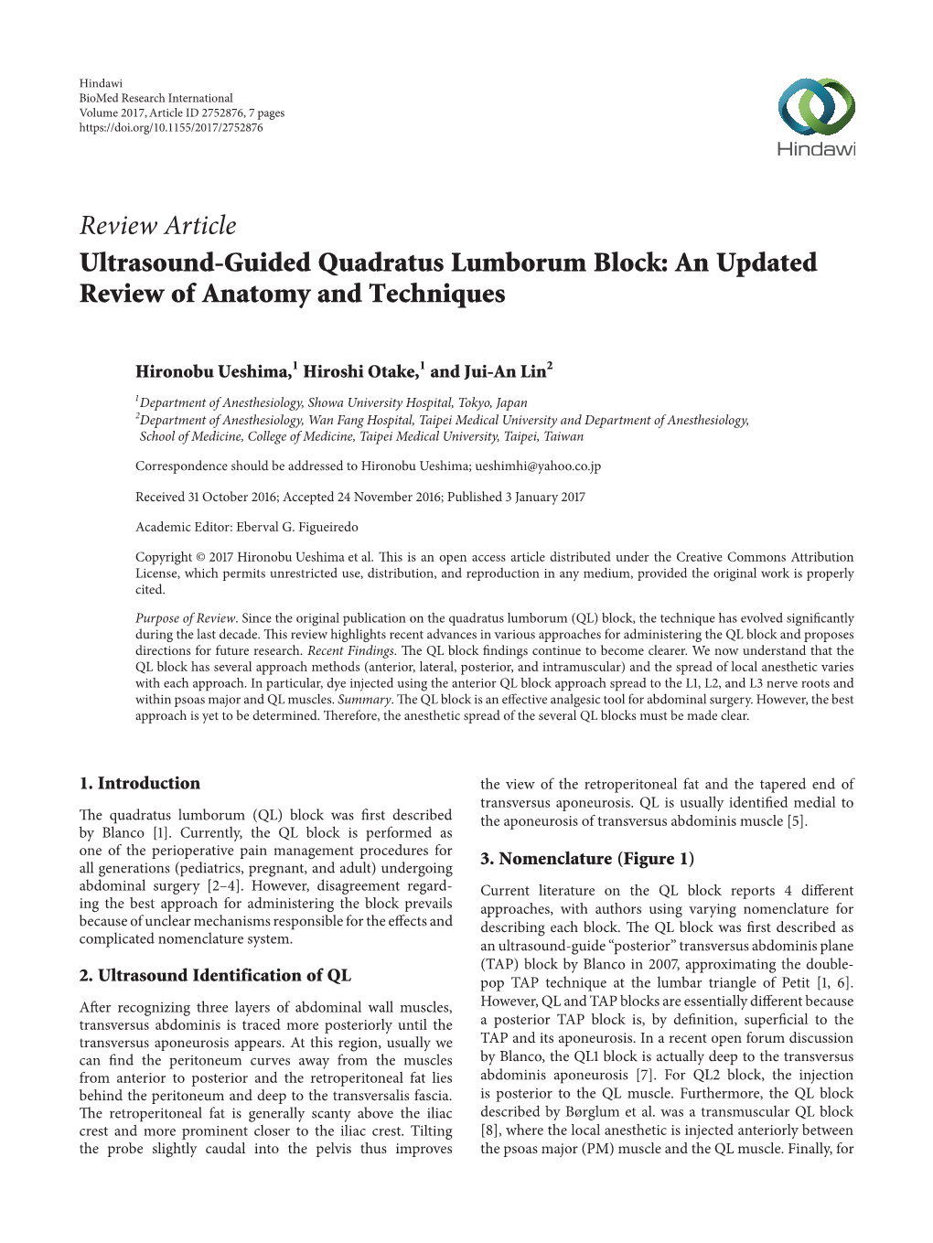 Review Article Ultrasound-Guided Quadratus Lumborum Block: an Updated Review of Anatomy and Techniques