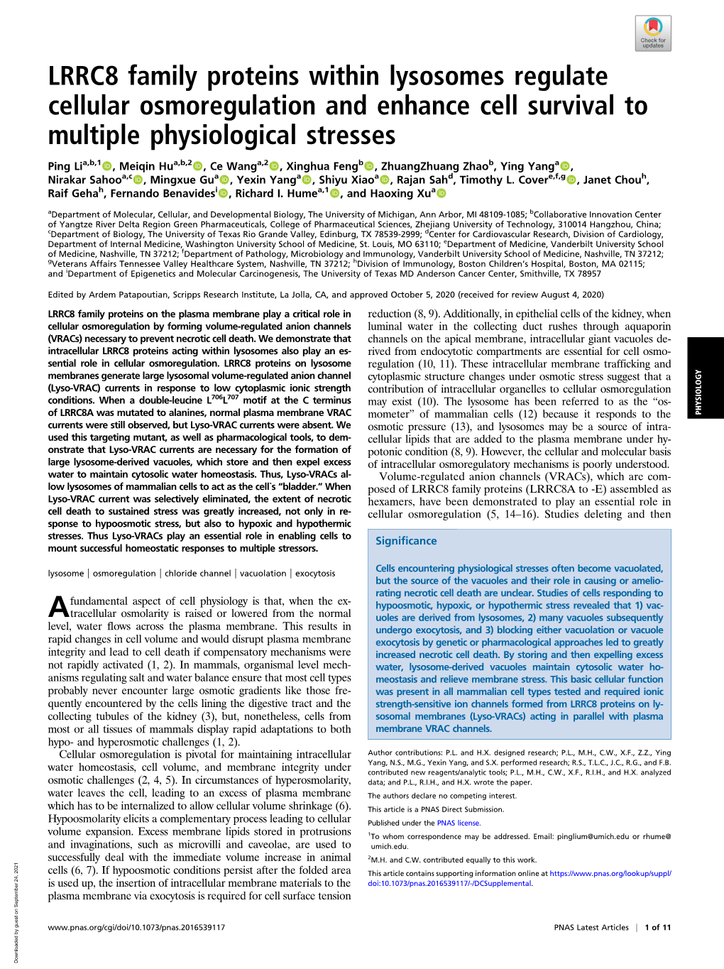 LRRC8 Family Proteins Within Lysosomes Regulate Cellular Osmoregulation and Enhance Cell Survival to Multiple Physiological Stresses