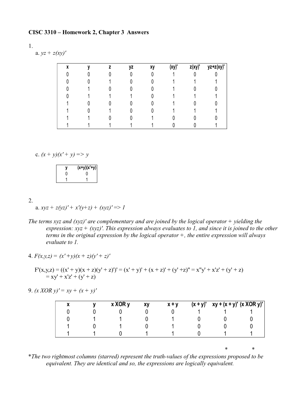 CISC 3310 – Homework 2, Chapter 3 Answers 1. A. Yz + Z(Xy)