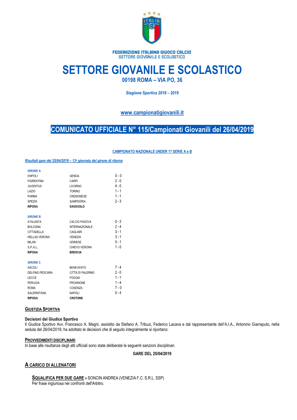 Settore Giovanile E Scolastico 00198 Roma – Via Po, 36