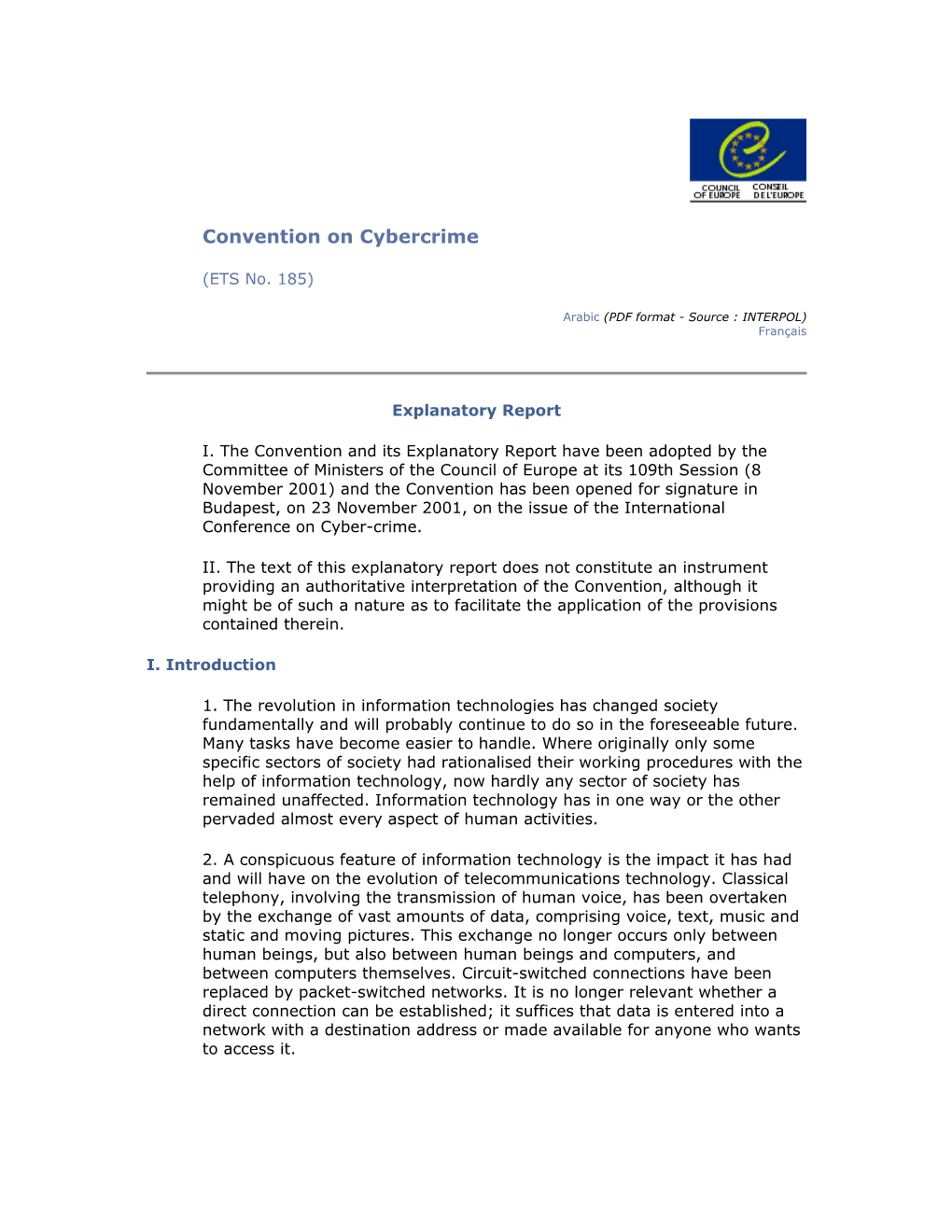 Explanatory Report to the Convention on Cybercrime