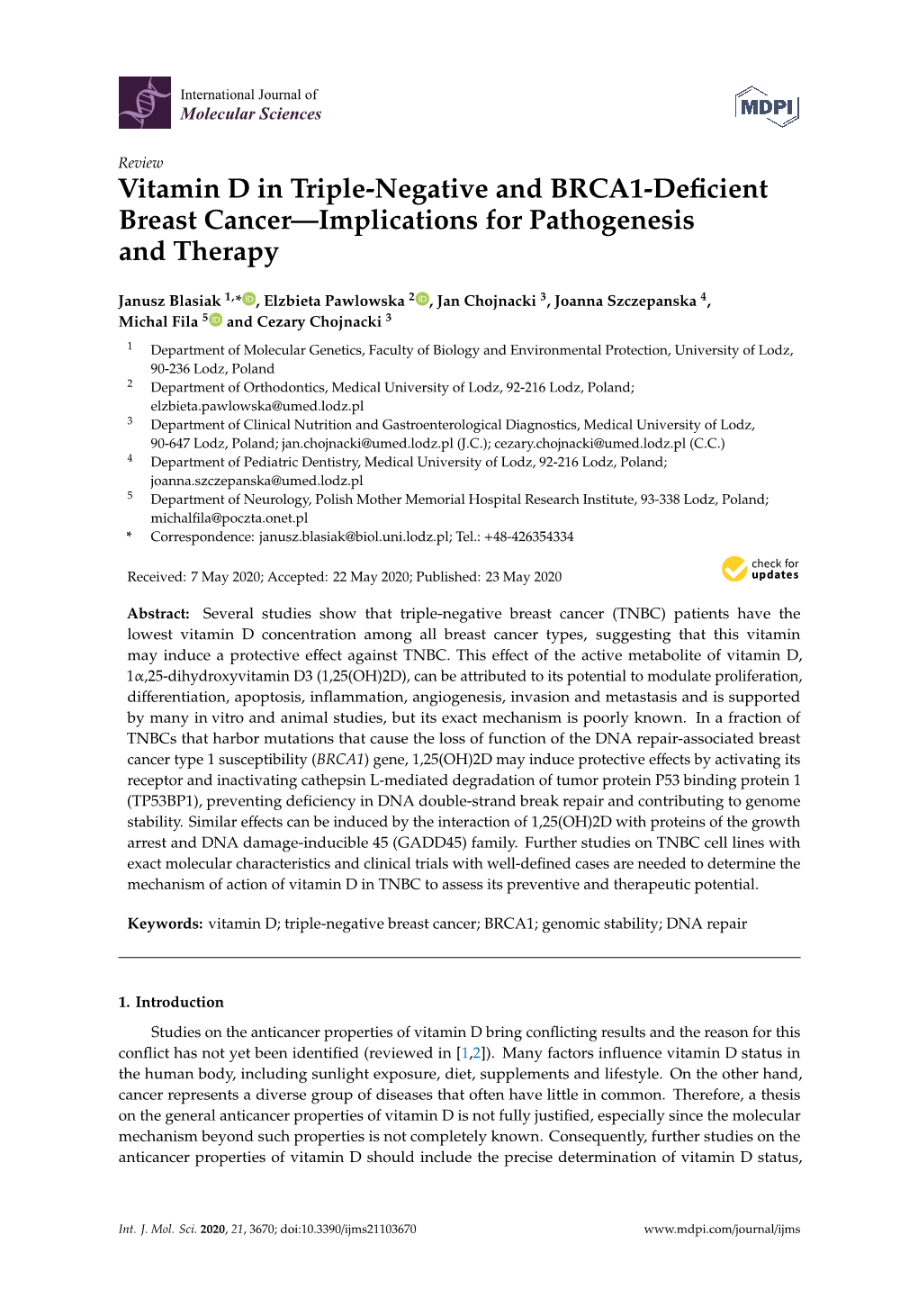 Vitamin D in Triple-Negative and BRCA1-Deficient Breast Cancer