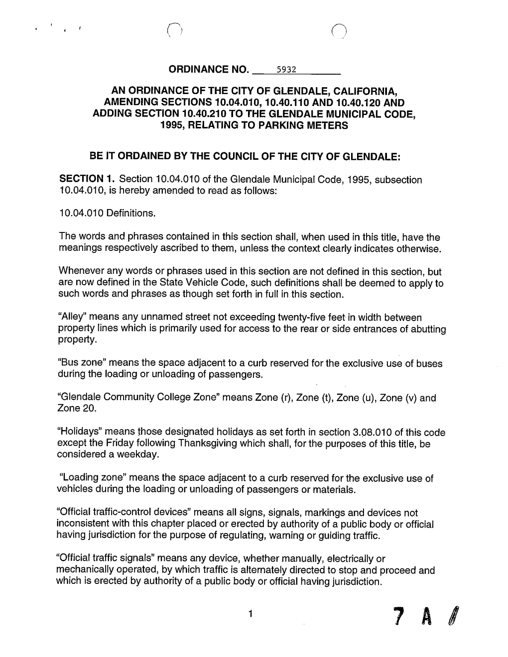 Ordinance No. an Ordinance of the City of Glendale