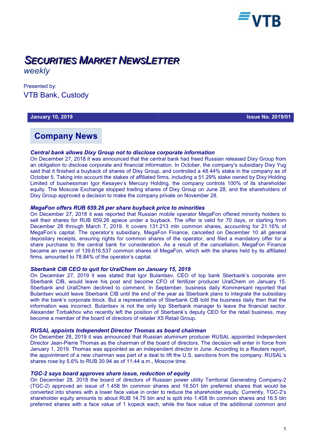 Company News SECURITIES MARKET NEWS