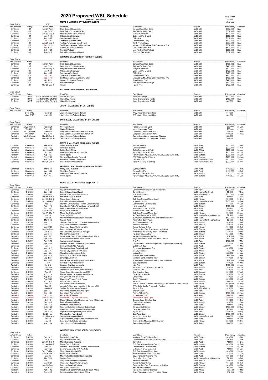 2020 Proposed WSL Schedule