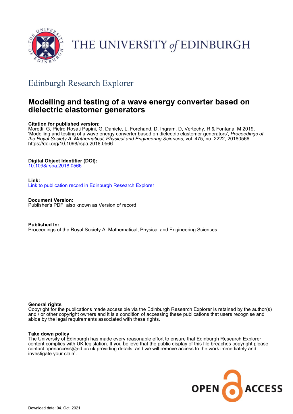 Modelling and Testing of a Wave Energy Converter Based on Dielectric Elastomer Generators