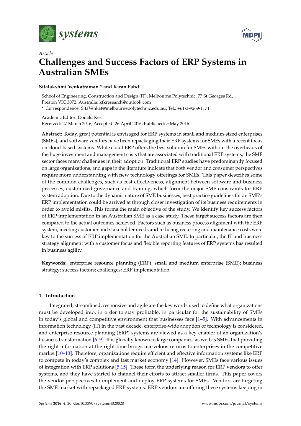 Challenges and Success Factors of ERP Systems in Australian Smes