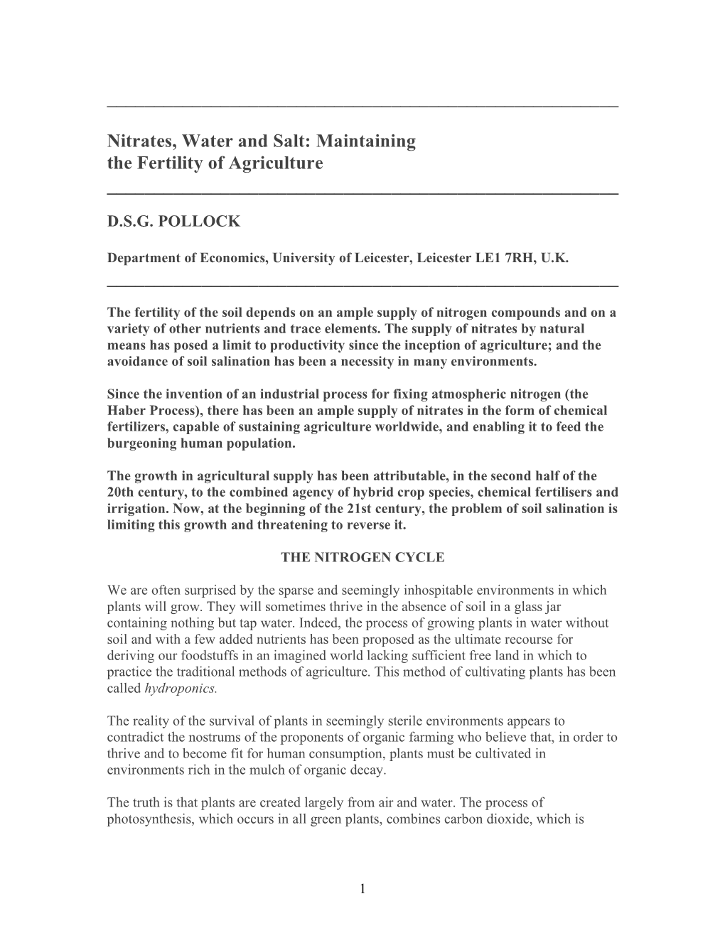 Nitrates, Water and Salt: Maintaining the Fertility of Agriculture ______