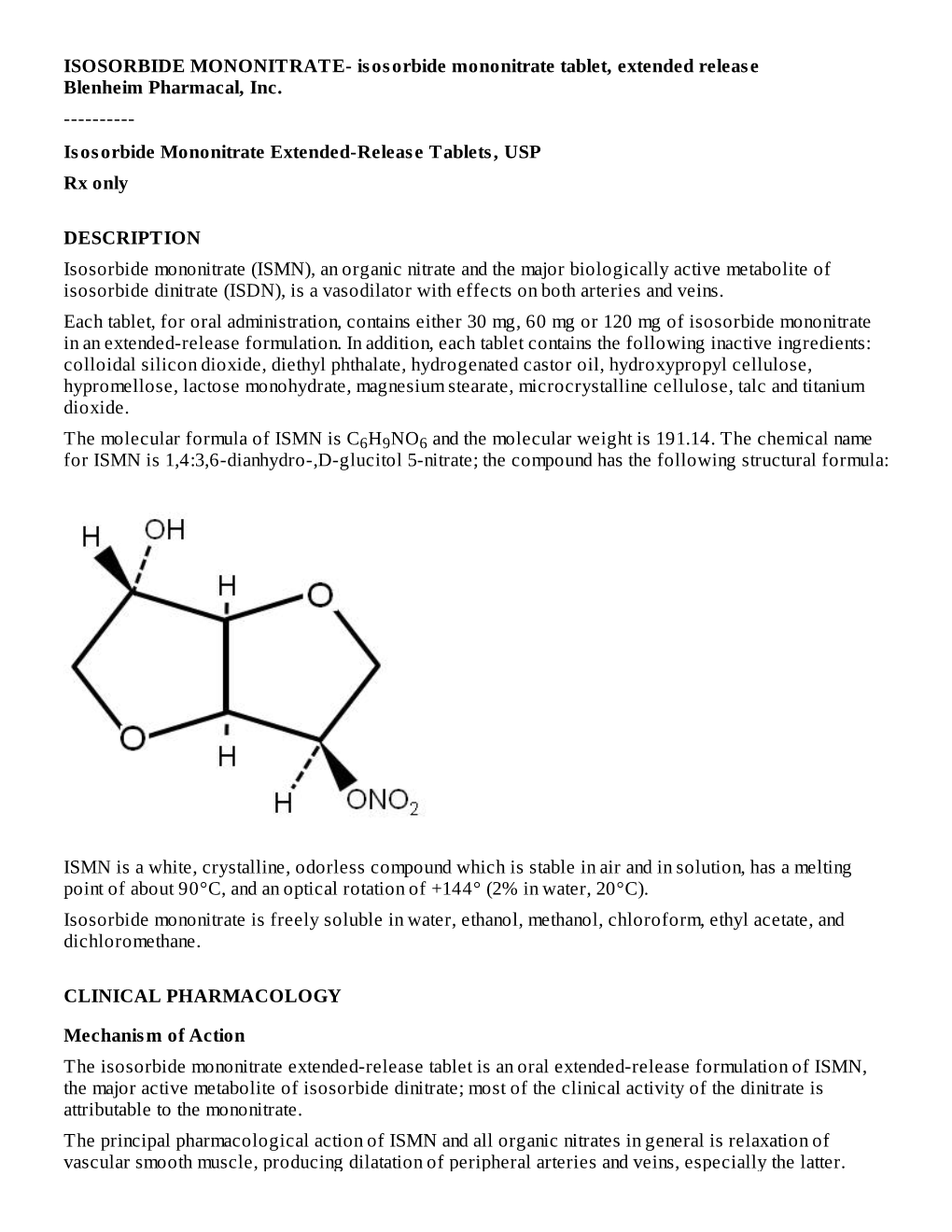 Isosorbide Mononitrate Tablet, Extended Release Blenheim Pharmacal, Inc