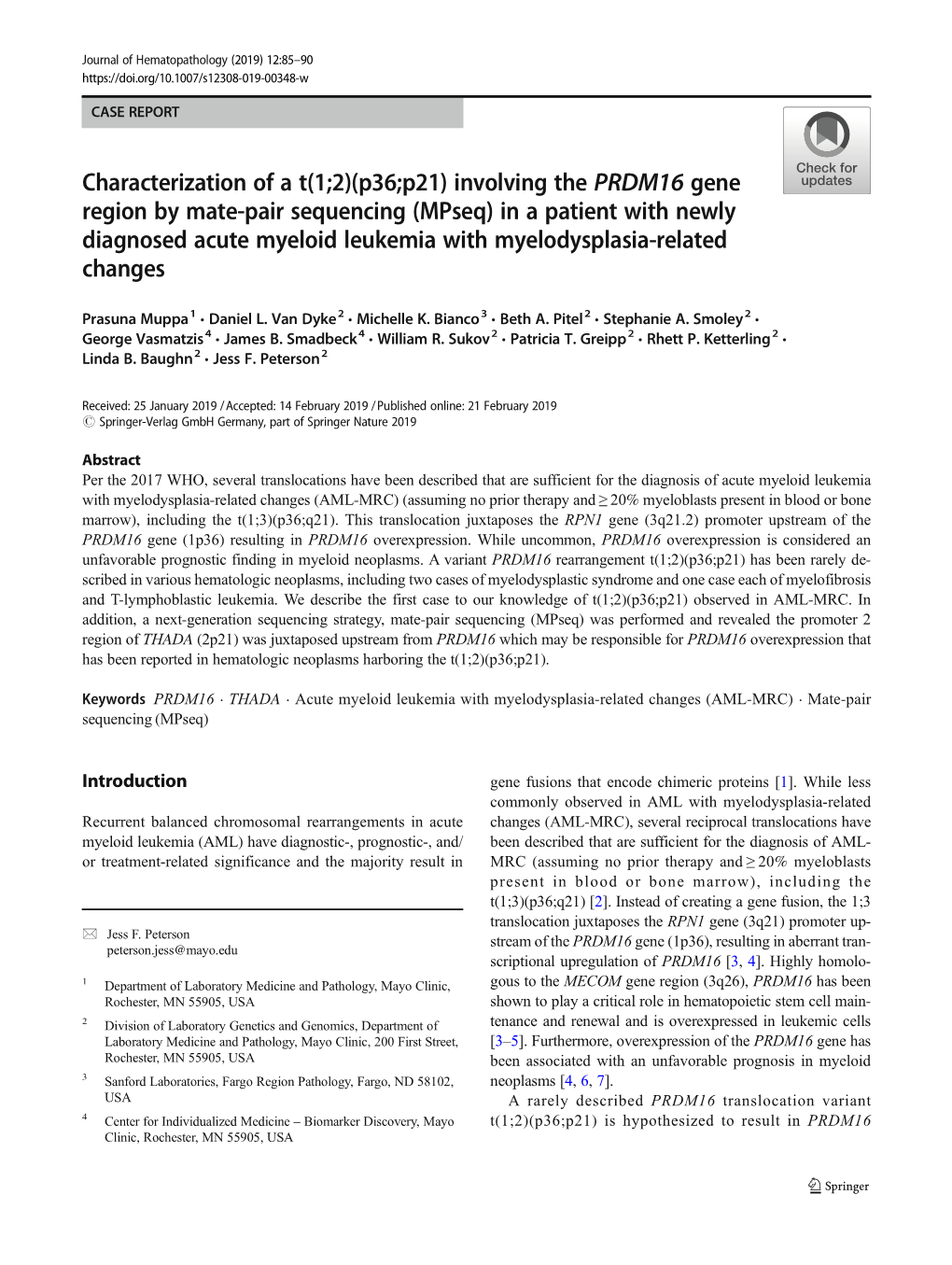 Involving the PRDM16 Gene Region by Mate-Pair Sequencing (Mpseq) in a Patient with Newly Diagnosed Acute Myeloid Leukemia with Myelodysplasia-Related Changes