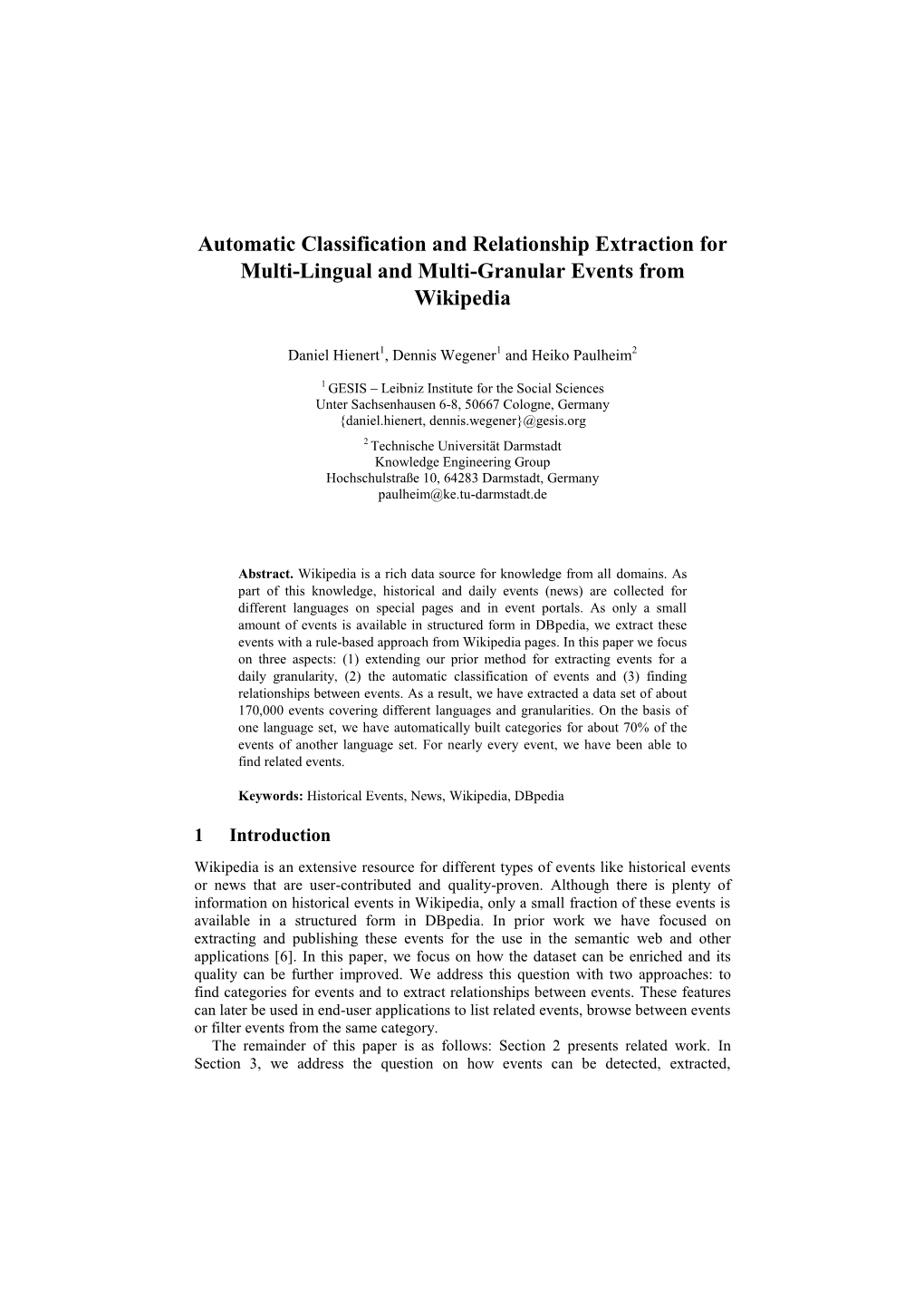 Automatic Classification and Relationship Extraction for Multi-Lingual and Multi-Granular Events from Wikipedia