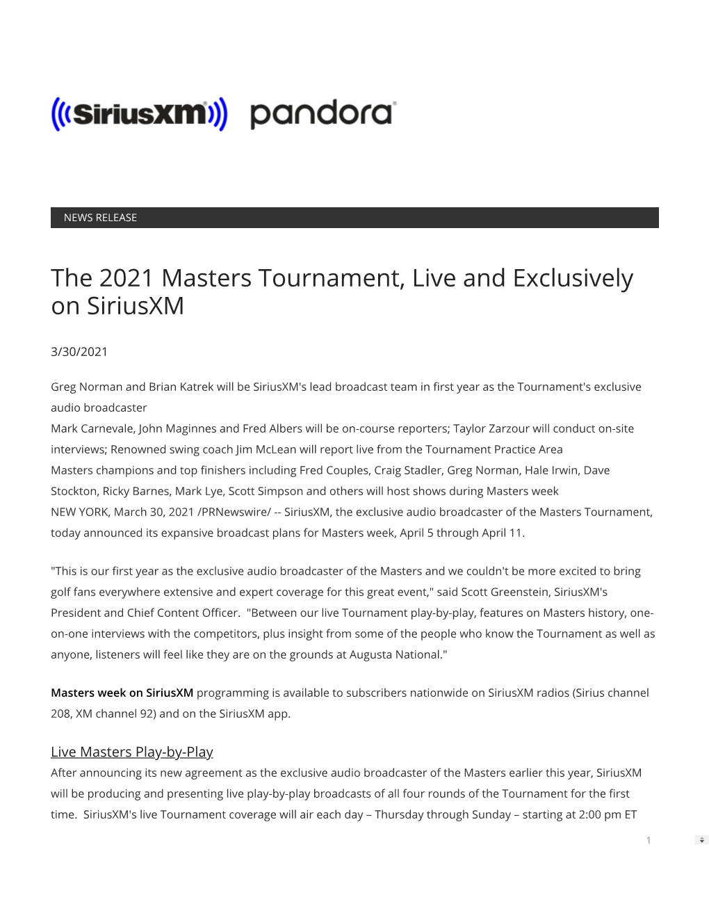The 2021 Masters Tournament, Live and Exclusively on Siriusxm