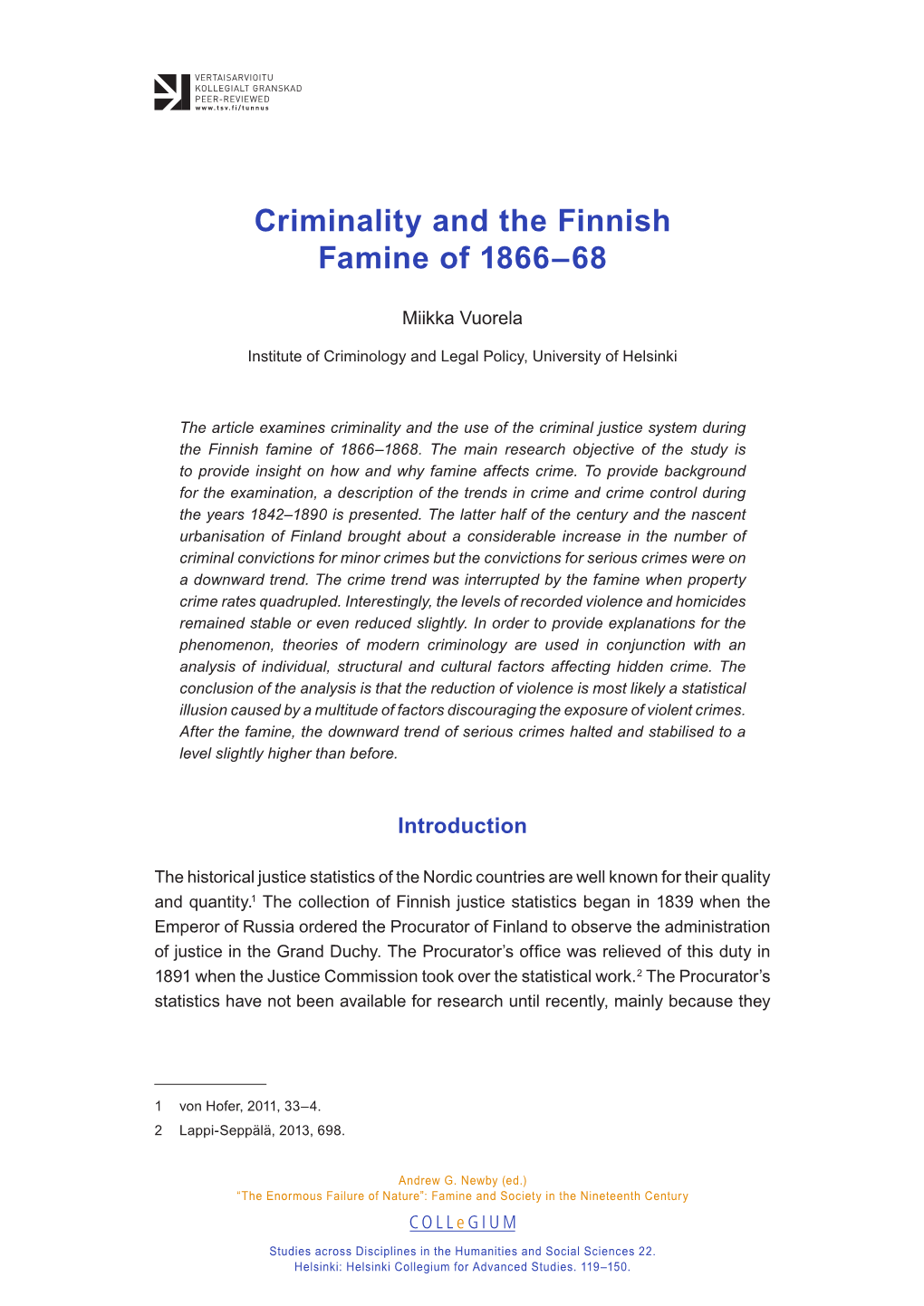 Criminality and the Finnish Famine of 1866–68