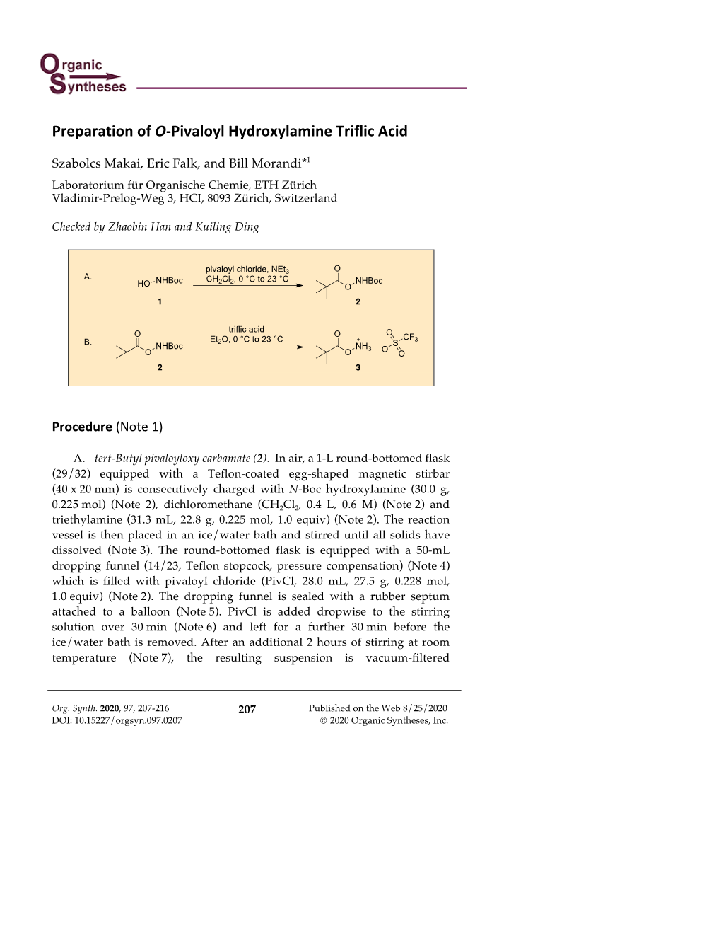 Preparation of O-Pivaloyl Hydroxylamine Triflic Acid