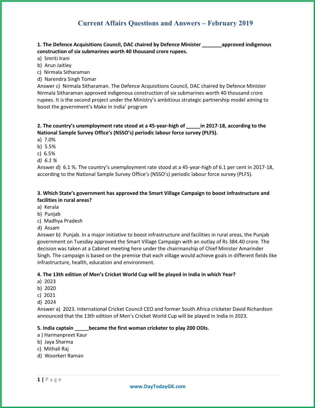 Current Affairs Questions and Answers – February 2019