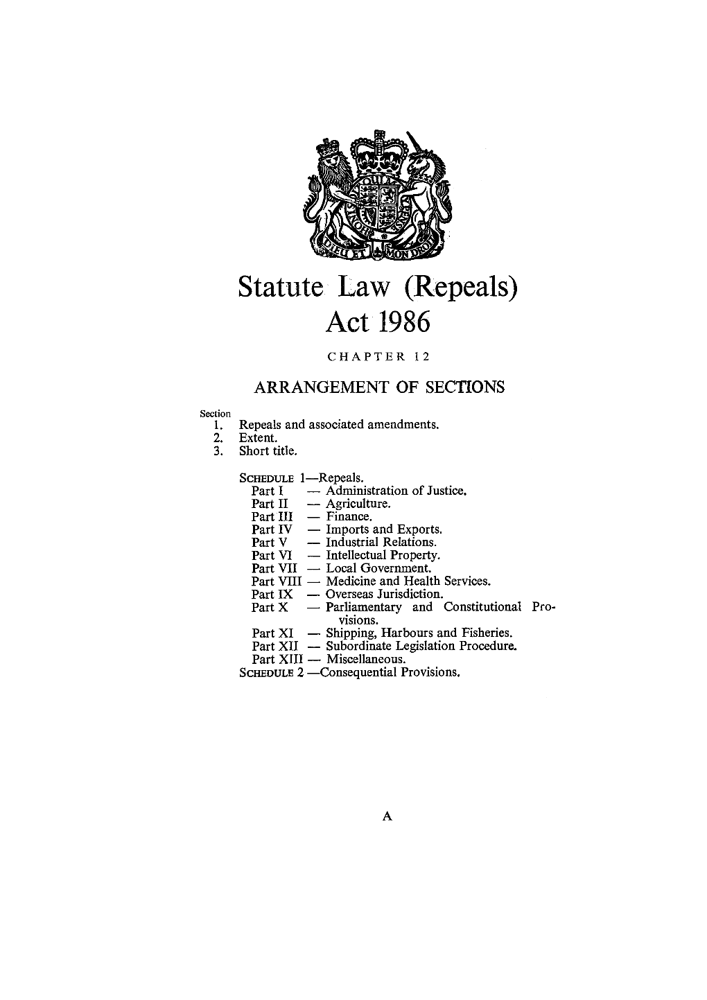 Act 1986 CHAPTER 12 ARRANGEMENT of SECTIONS