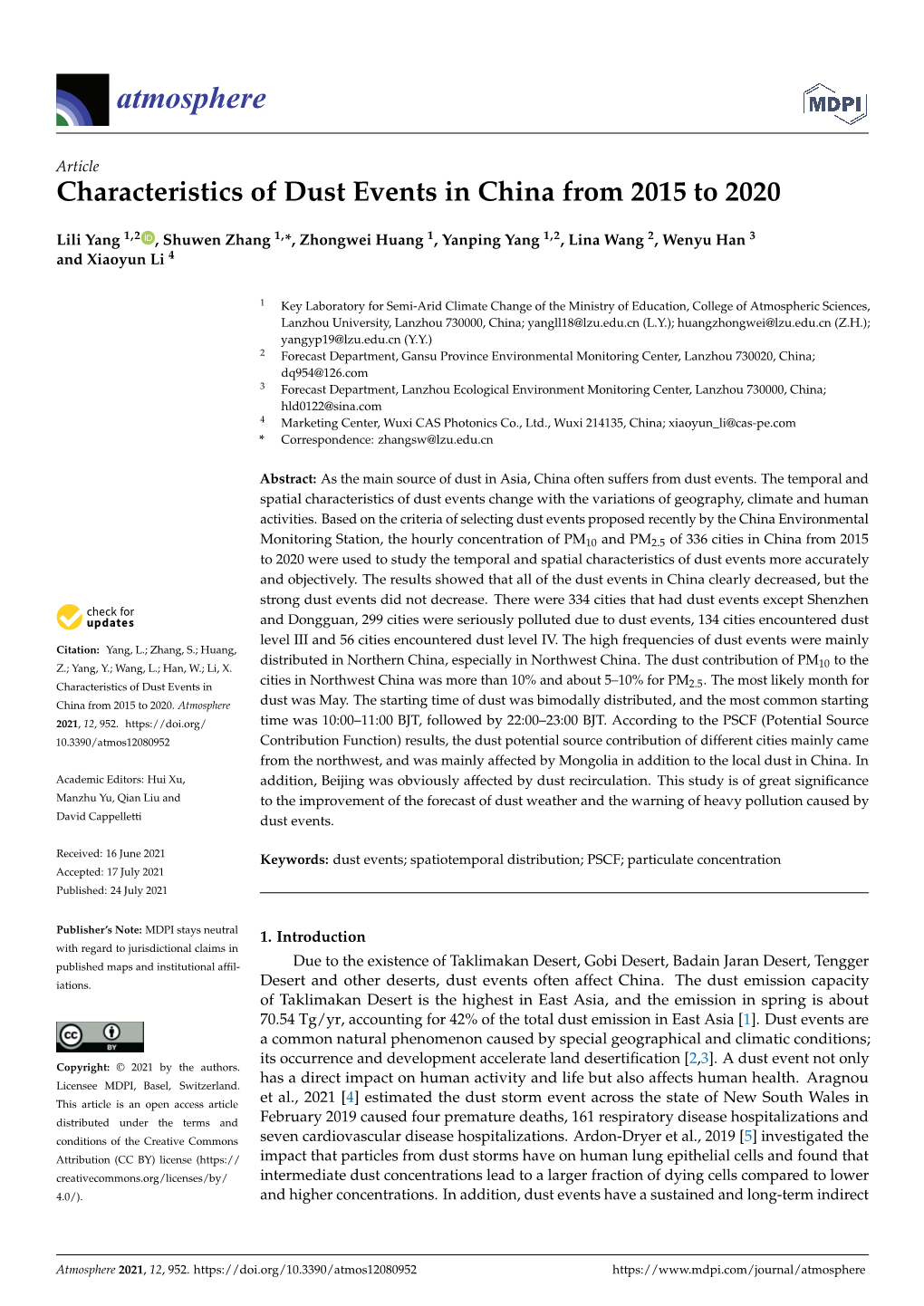 Characteristics of Dust Events in China from 2015 to 2020