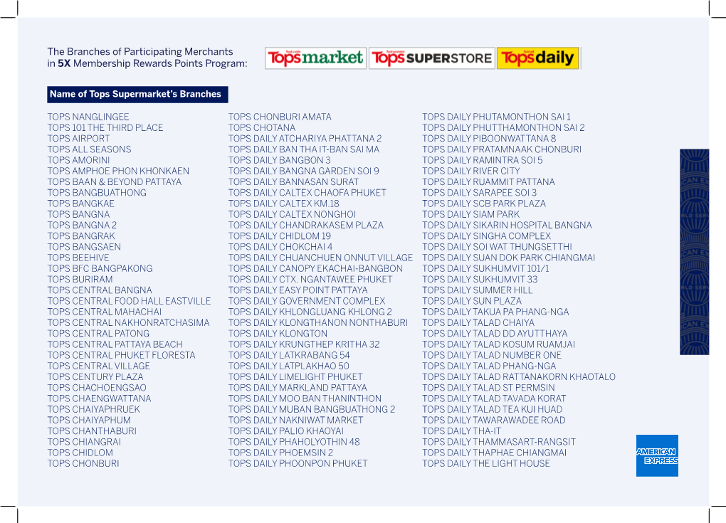 The Branches of Participating Merchants in 5X Membership Rewards Points Program