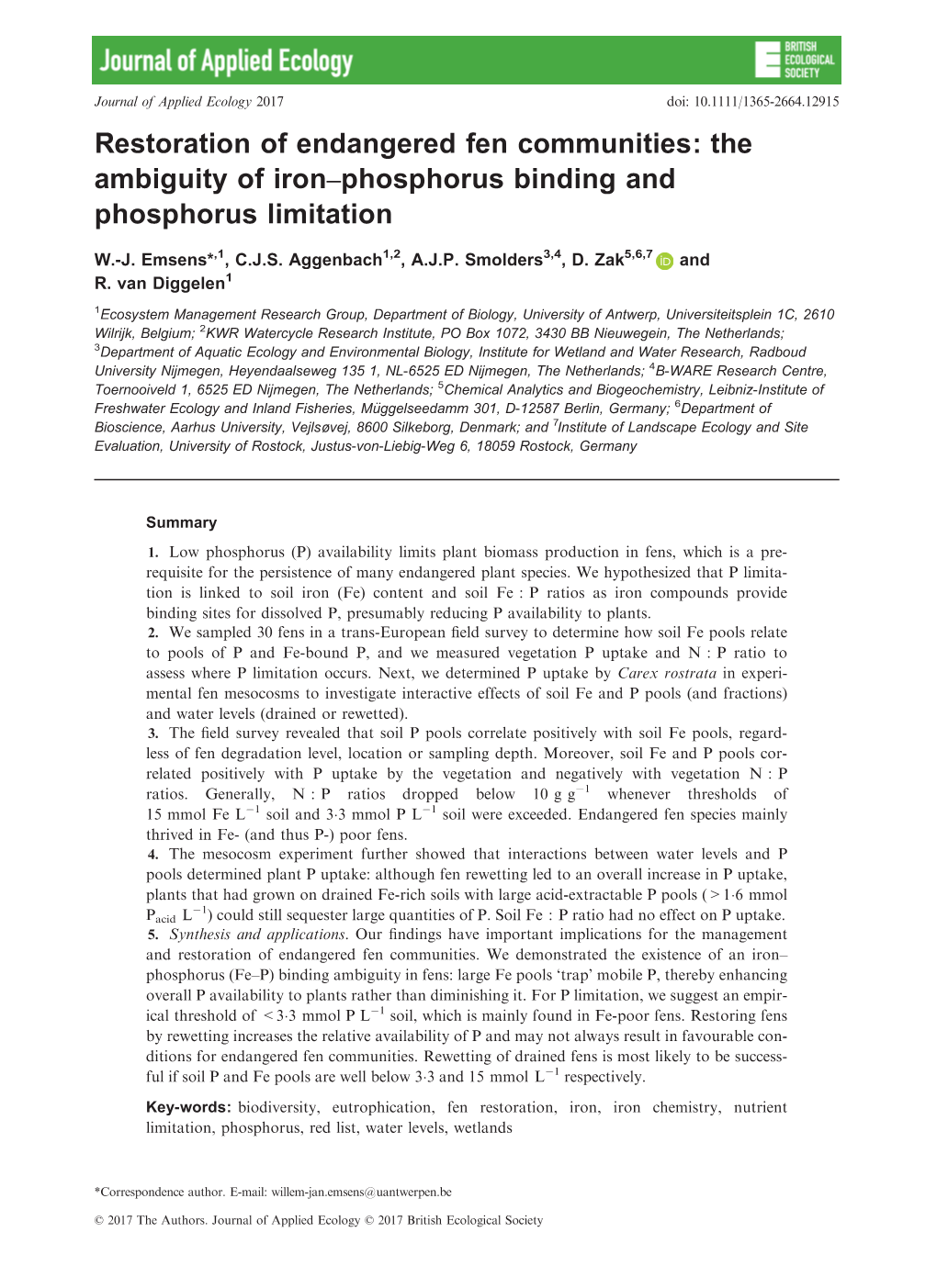 Restoration of Endangered Fen Communities: the Ambiguity of Iron–Phosphorus Binding and Phosphorus Limitation