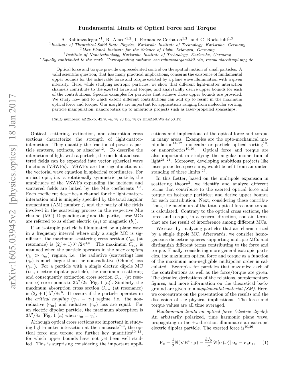 Arxiv:1605.03945V2 [Physics.Optics] 18 Jan 2017 Maximum Absorption Cross Section Cabs (At Resonance) Ground Are Given in a Supplemental Material (SM)