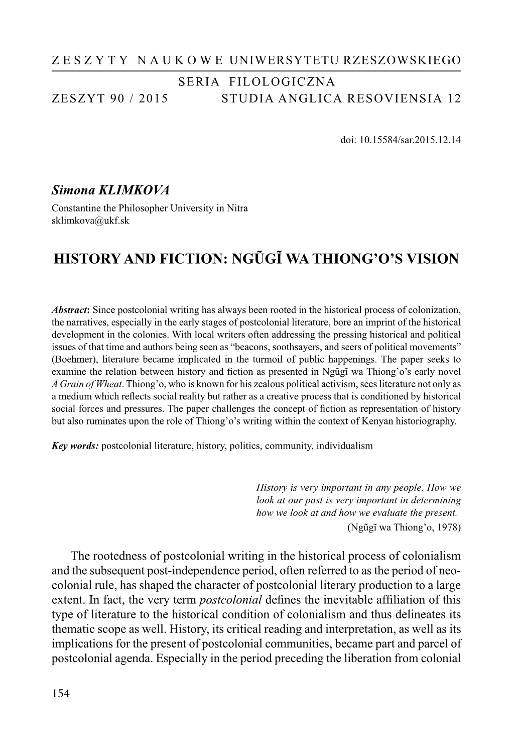 History and Fiction: Ngũgĩ Wa Thiong'o's Vision