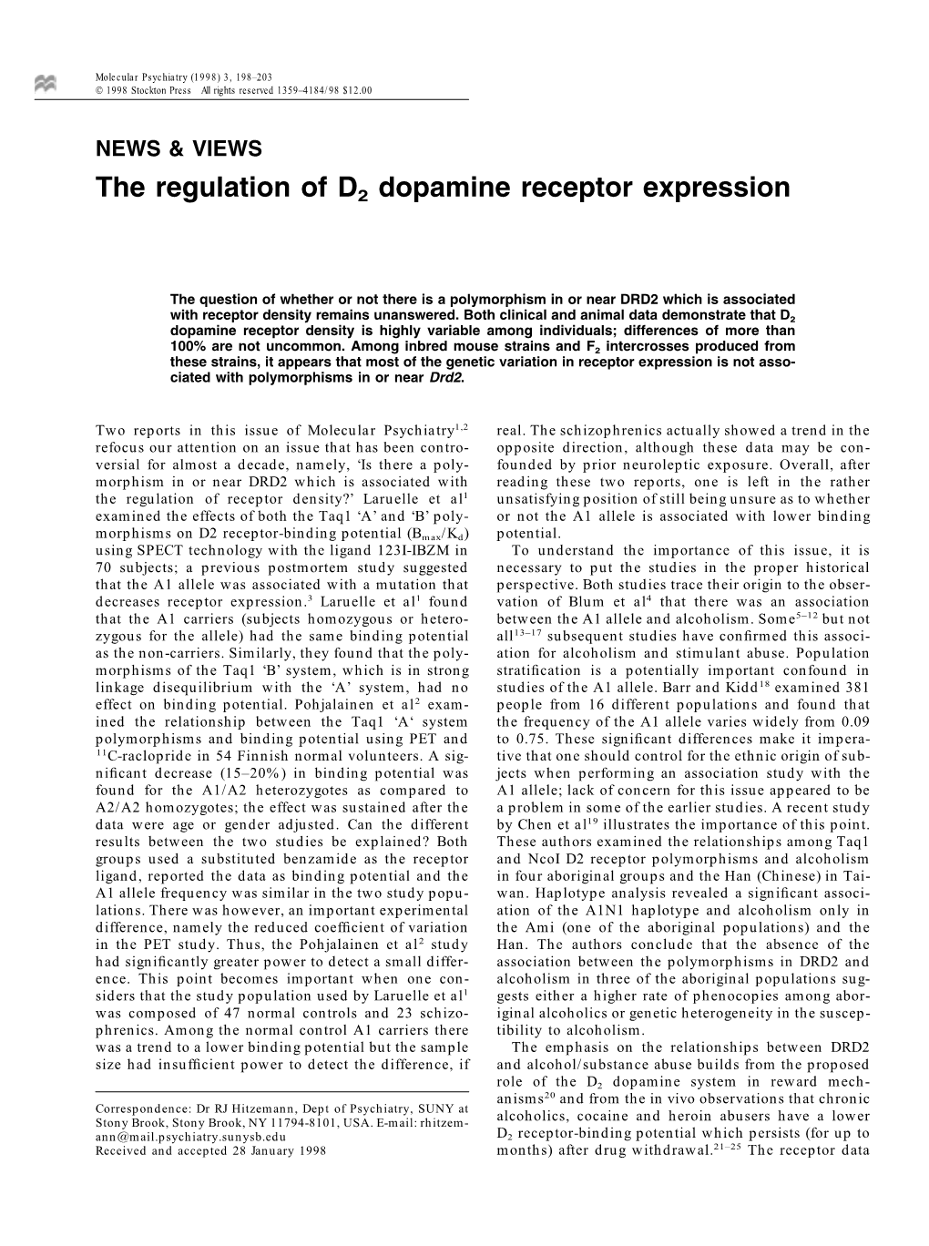 The Regulation of D2 Dopamine Receptor Expression