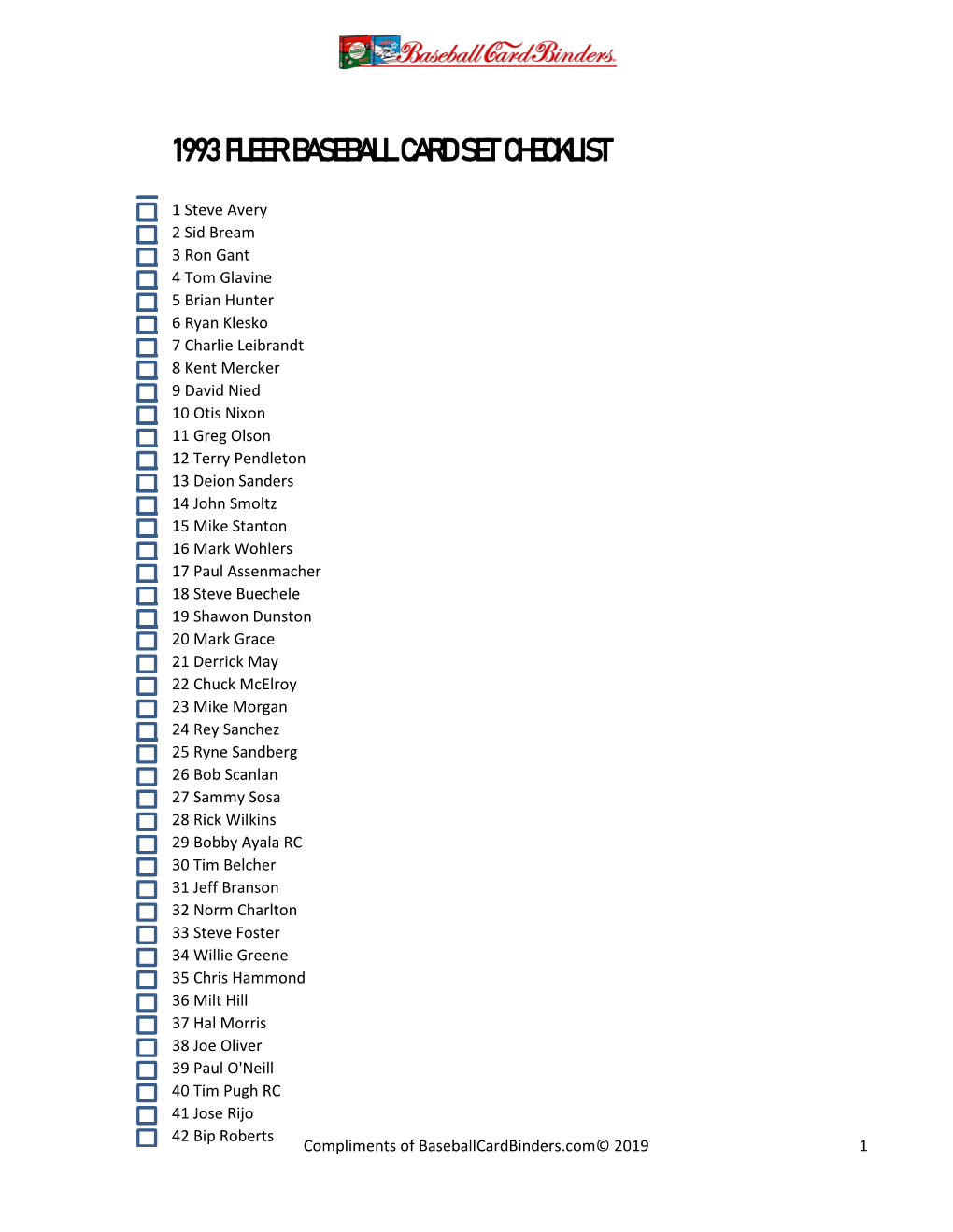 93 Fleer Baseball Checklist