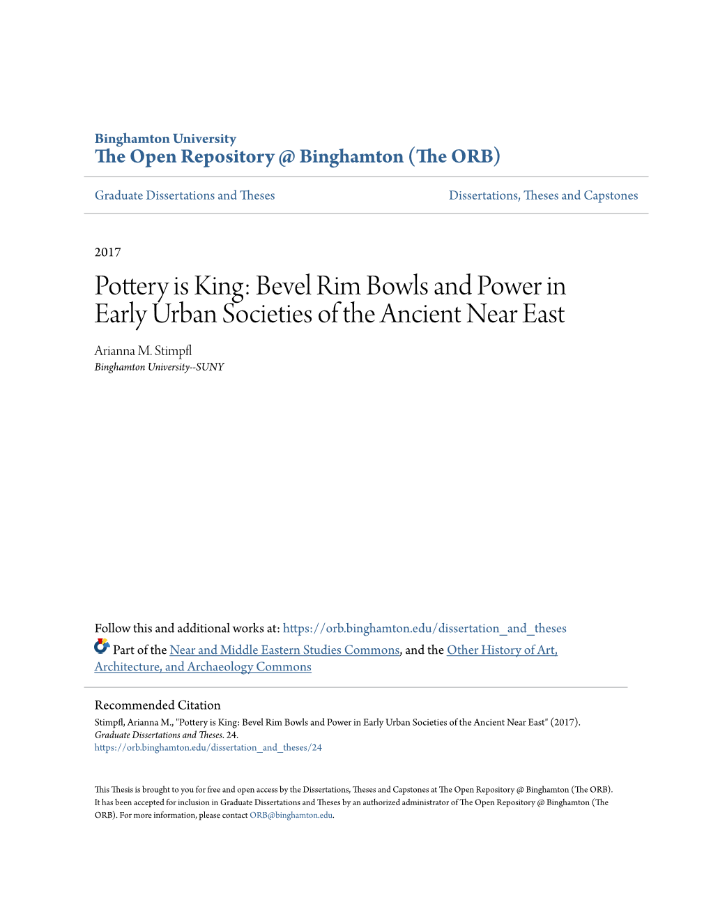 Pottery Is King: Bevel Rim Bowls and Power in Early Urban Societies of the Ancient Near East Arianna M
