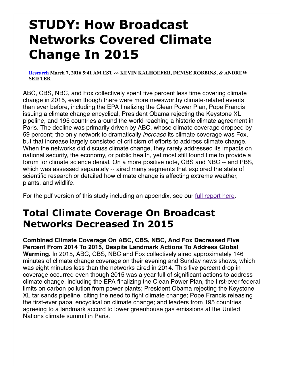 STUDY: How Broadcast Networks Covered Climate Change in 2015