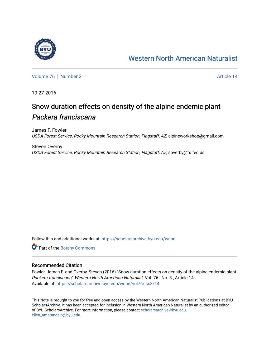 Snow Duration Effects on Density of the Alpine Endemic Plant Packera Franciscana