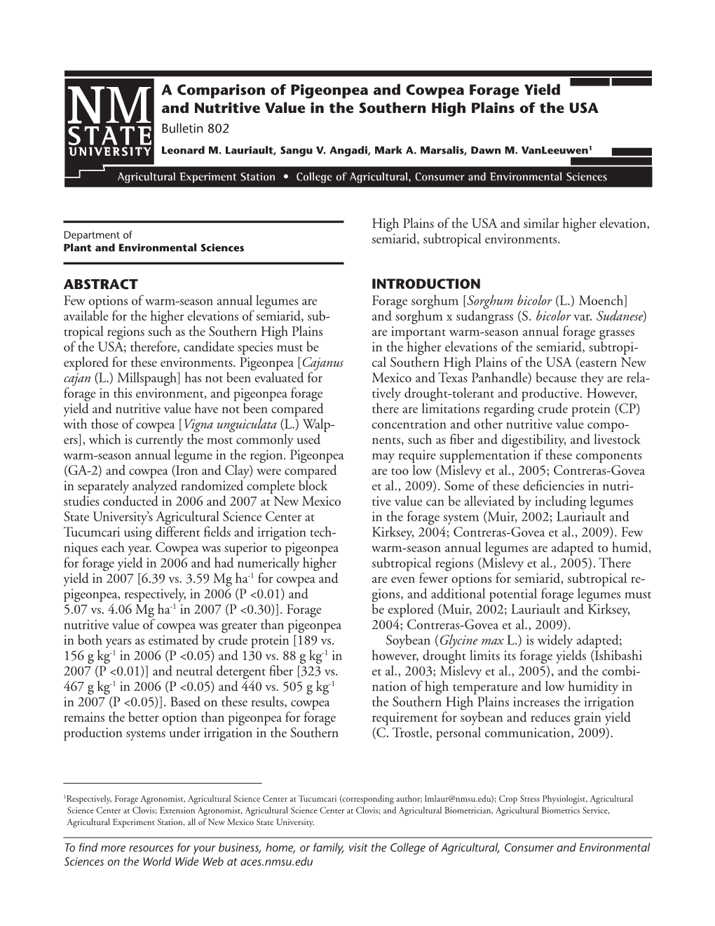 Pigeonpea and Cowpea Forage Yield and Nutritive Value in the Southern High Plains of the USA