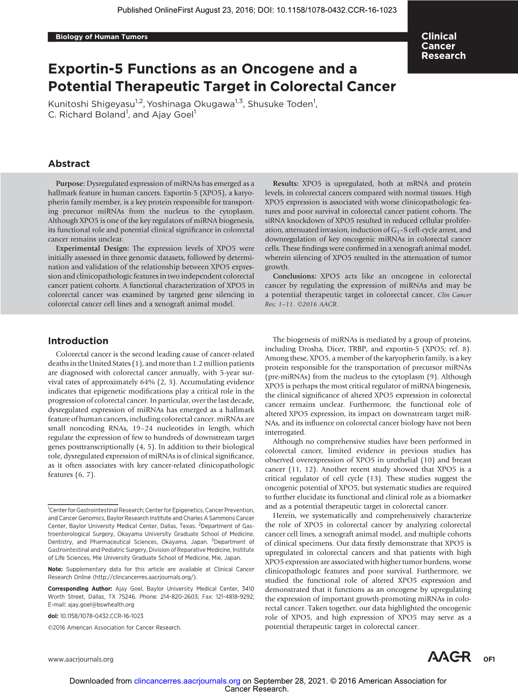 Exportin-5 Functions As an Oncogene and a Potential Therapeutic Target in Colorectal Cancer Kunitoshi Shigeyasu1,2, Yoshinaga Okugawa1,3, Shusuke Toden1, C