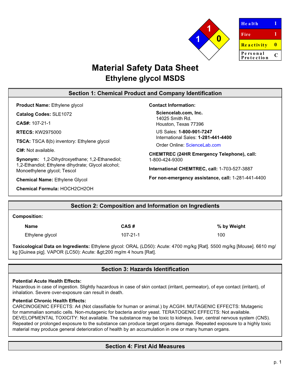 Ethylene Glycol MSDS