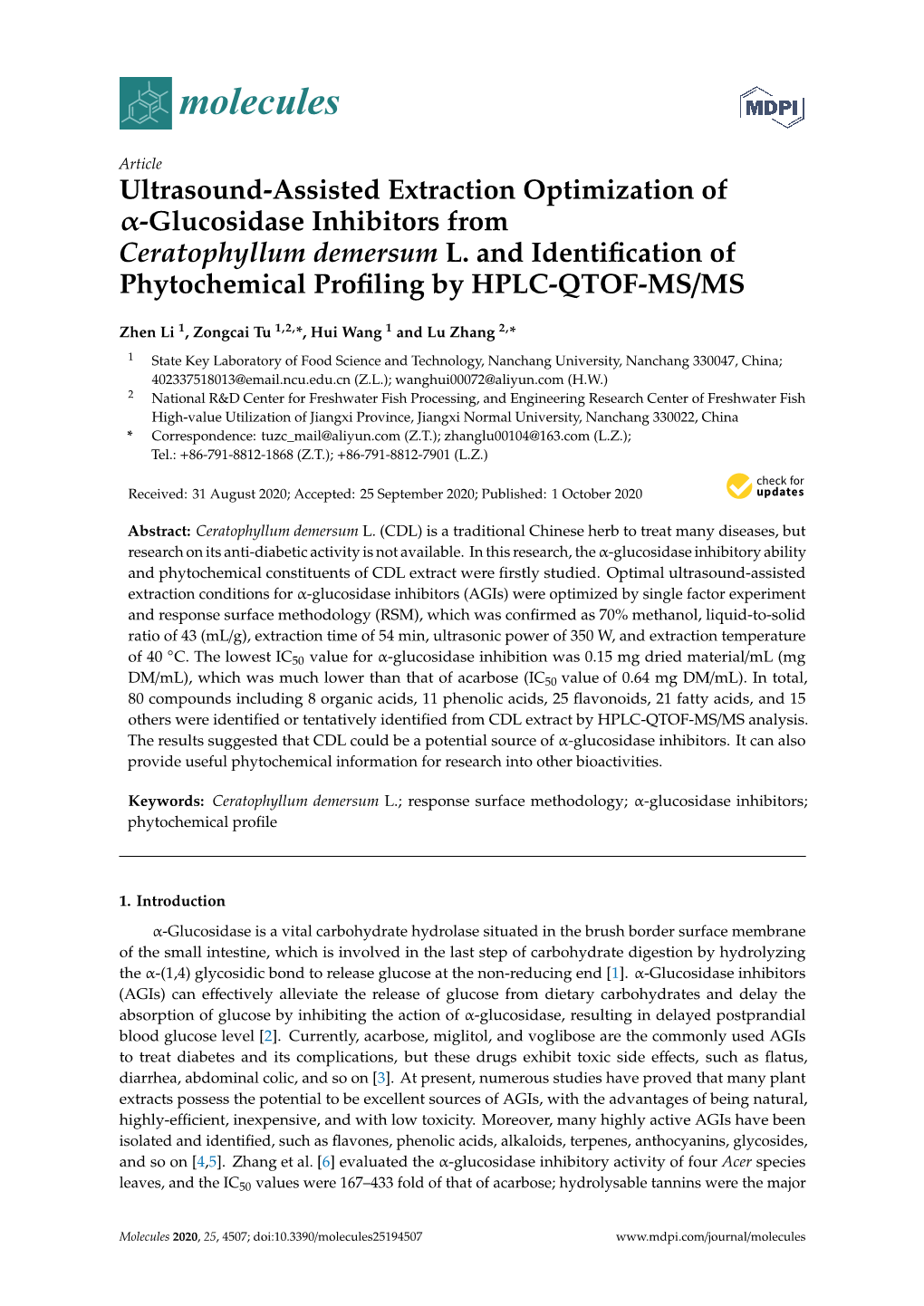 Ultrasound-Assisted Extraction Optimization of Α-Glucosidase Inhibitors from Ceratophyllum Demersum L