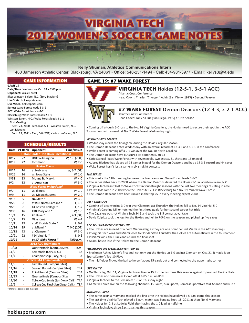 Virginia Tech 2012 Women's Soccer Game Notes