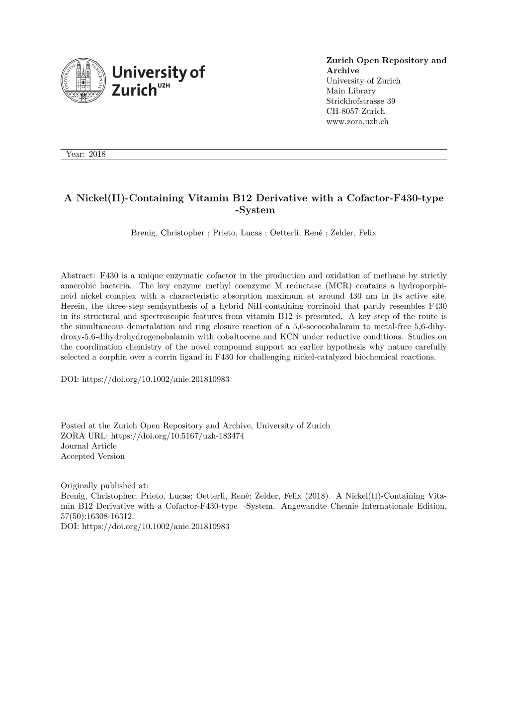 A Niii-Containing Vitamin B12 Derivative with a Cofactor-F430