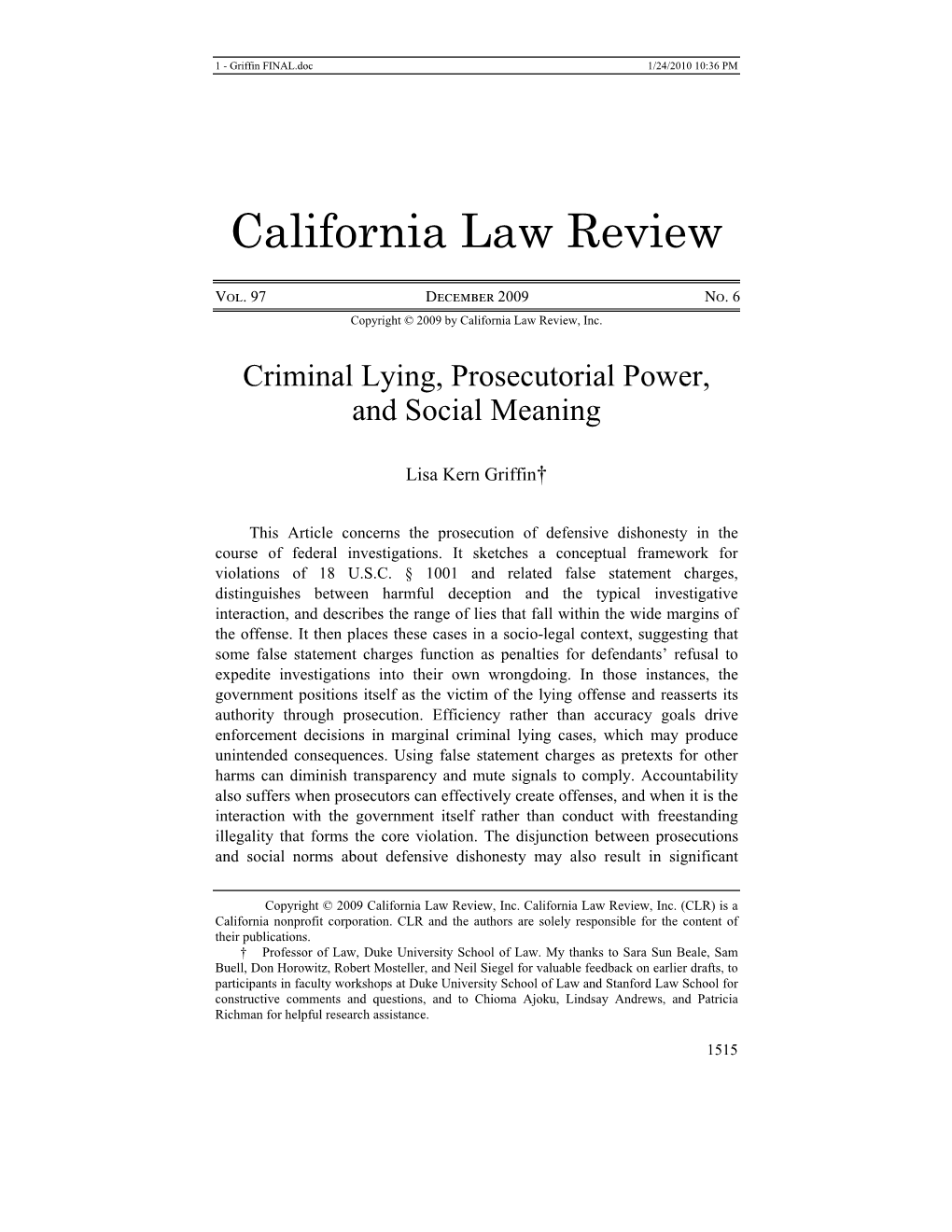 Criminal Lying, Prosecutorial Power, and Social Meaning