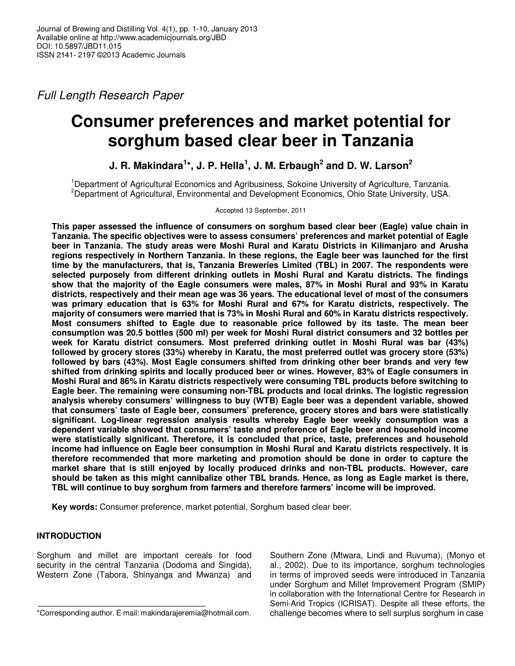 Consumer Preferences and Market Potential for Sorghum Based Clear Beer in Tanzania